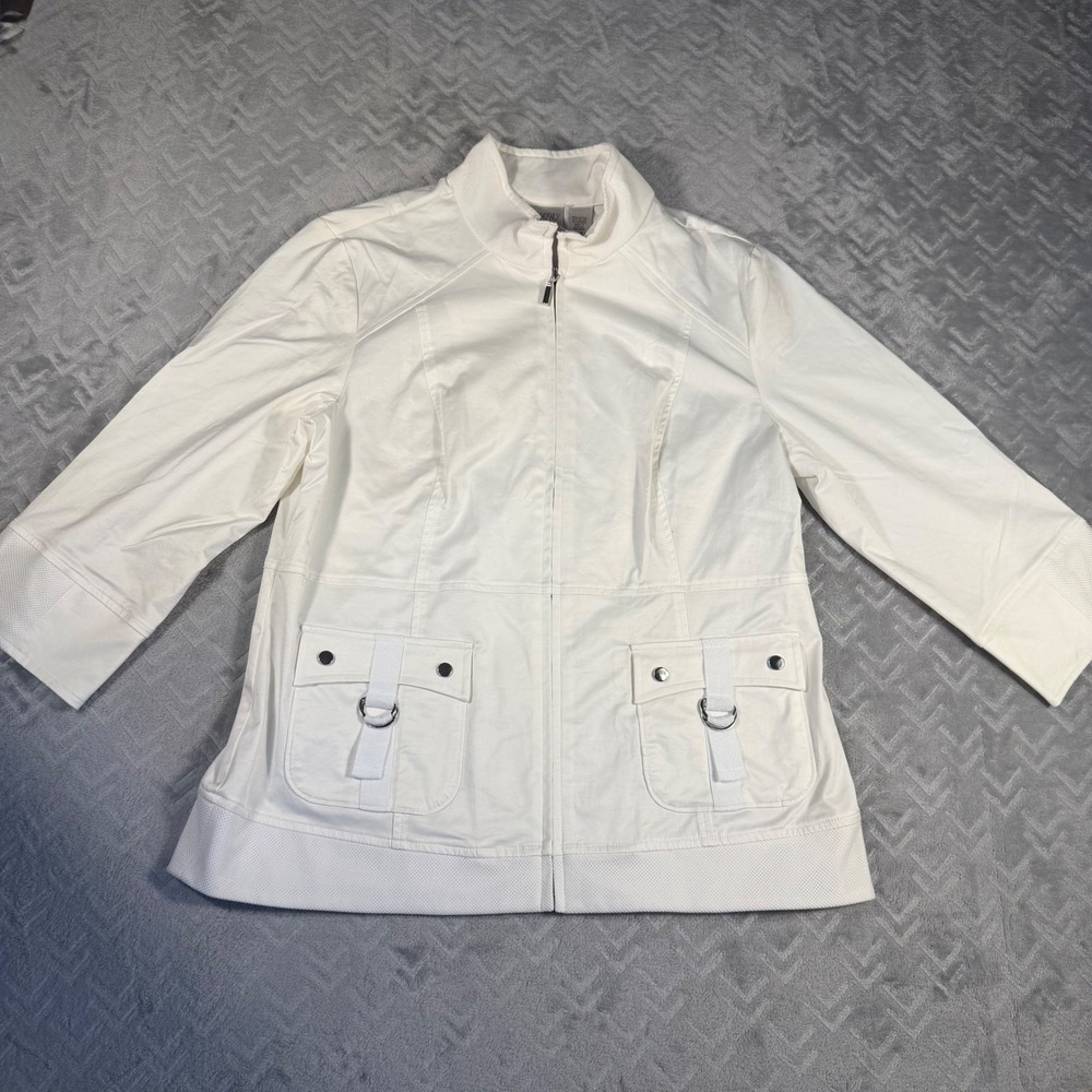 Chico's Zenergy Jacket Women Size Medium (1) White 3/4 Sleeve Full Zip Mock Neck